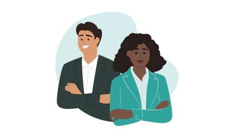 Cartoon image of a man and a woman stood next to each with their arms crossed
