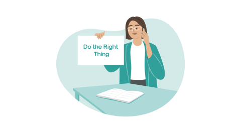 Cartoon image of a woman holding a sign that says do the right thing