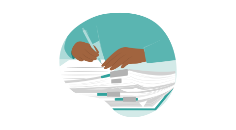Cartoon image of a pair of hands writing in a document