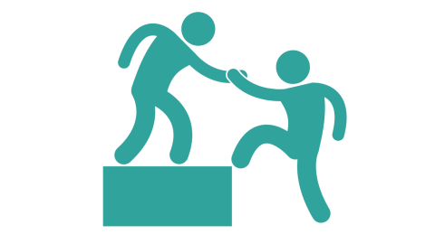 Cartoon image of a person helping another up to a higher level