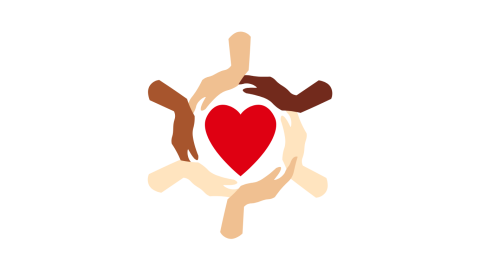 Cartoon image of a heart surrounded by supportive hands