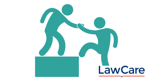 Cartoon image of one person helping another onto a step with the Lawcare logo