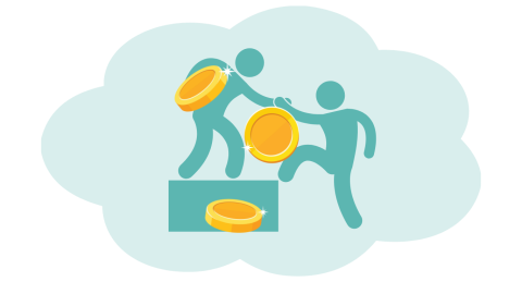 Cartoon image of someone helping another with coins around them