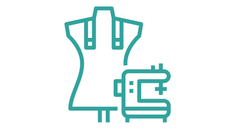 Cartoon image of a tailor's dummy and sewing machine